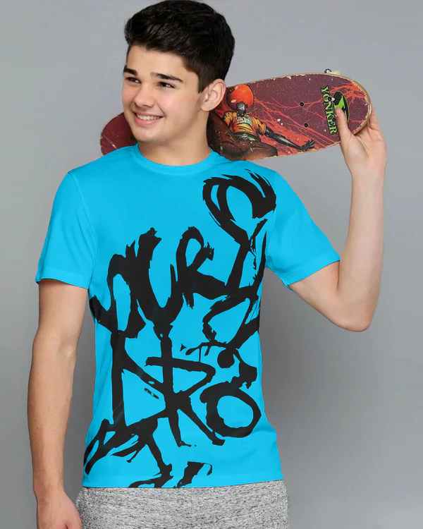 Boys Skyblue Printed Round Nec..